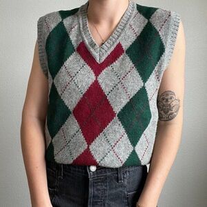 Vintage 90s Claybrooke Wool Red Green Argyle Preppy Christmas Sweater Vest Sz L